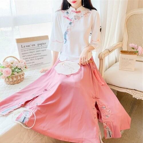 Women Traditional Chinese Hanfu Costume Embroidery Folk Ancient Costume Vintage Fairy Dance Performance Outfits Skirt and Tops