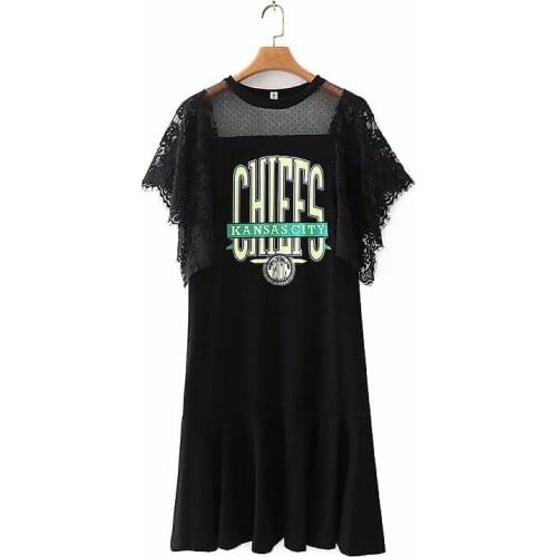 Plus size dress O-Neck flare sleeve letter print mesh lace patchwork black summer dresses 2021 elegant casual womens dresses