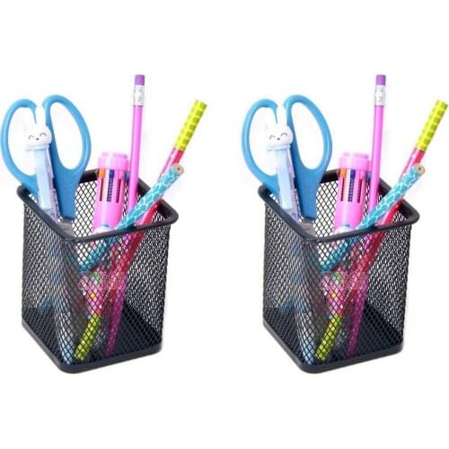 2 pcs Black Square Shape Steel Mesh Style Pen Pencil Cup Desk Organizer Holder for Home Office (2 Square Mesh Pen Holder)
