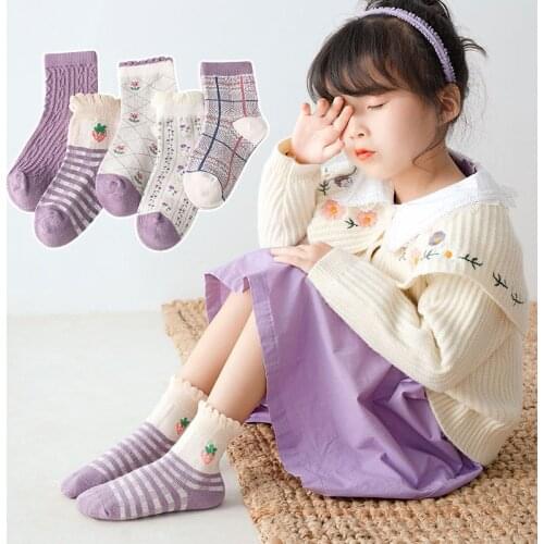5Pairs Purple Plaid Princess Baby Girls Socks Children Spring Autumn Socks Korean Japanese Style Sweet Lovely Kids Cotton Socks