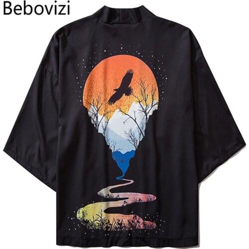 Bebovizi Japanese Style Eagle Dusk Kimono Tokyo Streetwear Harajuku Haori Men Women Cardigan Japan Girl Robe Chinese Clothes