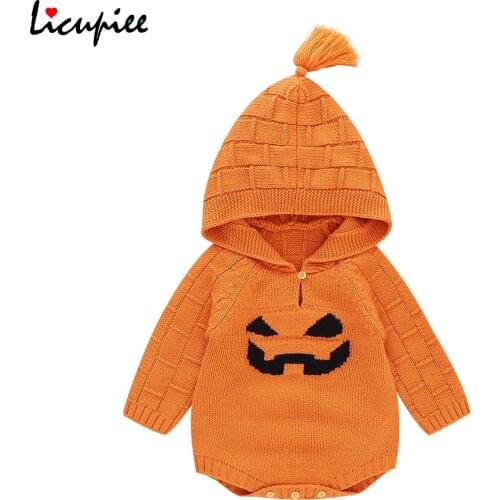 0-18 Months Halloween Bodysuits Infant Halloween Knitted Romper, Pumpkin Face Pattern Long Sleeve Hooded 1 Piece Black/ Orange