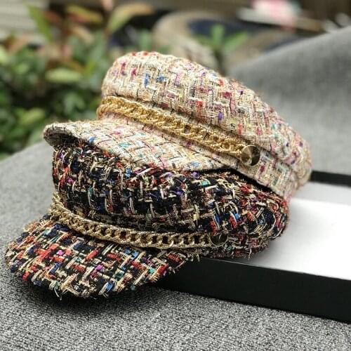 Women Autumn Color Plaid Metal Chain Lady Octagonal Hat Leisure Visors Cap