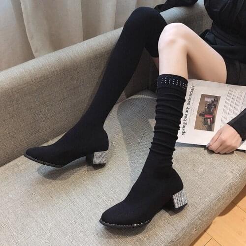 Knitting Stretch sock boots women slim legs over-the-knee boots women shoes botas crystal heels square toe chelsea boots 2020
