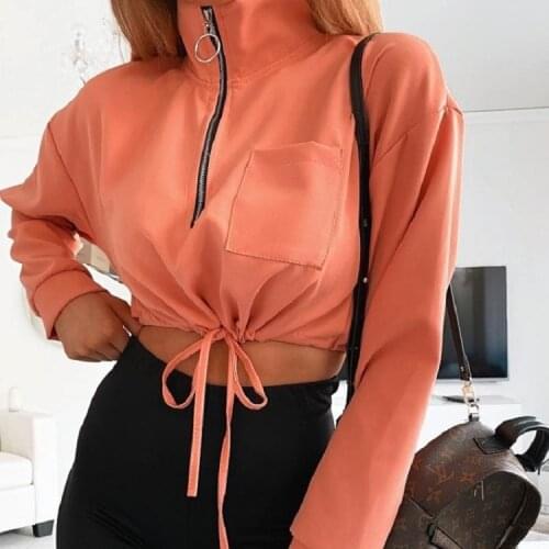 Hirigin New Women Fashion Drawstring Cropped Sweatshirts Jacket Vintage Stand Collar Zipper Long Sleeve Outerwear Fall Hoodies