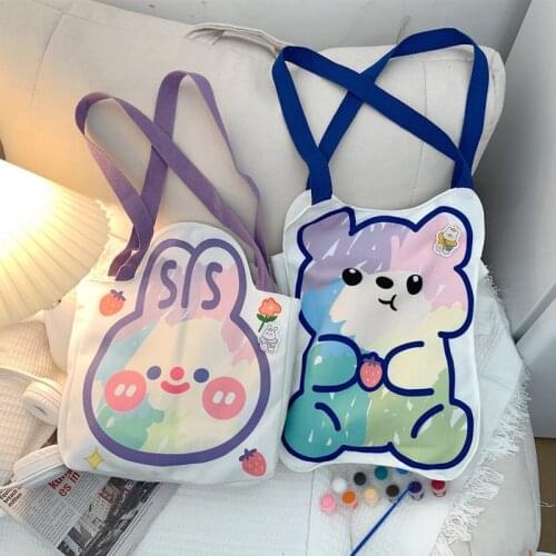 Cartoon Canvas Shoulder Bag Women Shopping Bags Student Cute Rabbit Bear Shape Bookbag Casual Eco Tote for Teen Girls Kawaii