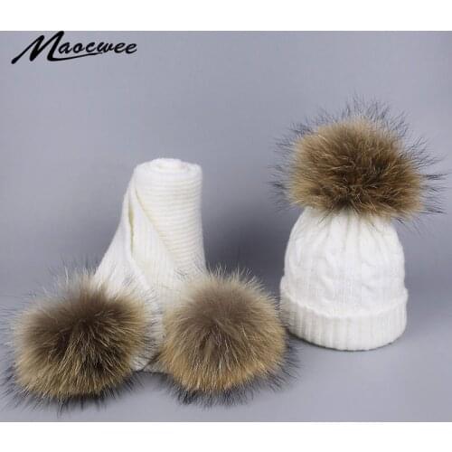 2 Pieces Set Children Winter Hat Skullies Scarf For Girls Real Raccoon Fur Pom Pom Beanies Kids Cap Knitted Winter Hat Wholesale