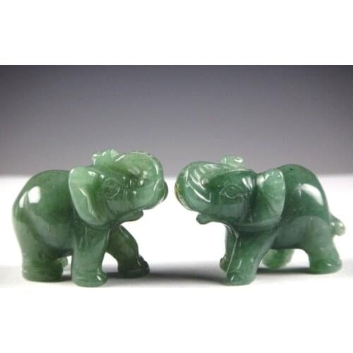 2PC Green Aventurine Jade Stone Craving Lucky elephant Feng Shui statue statue