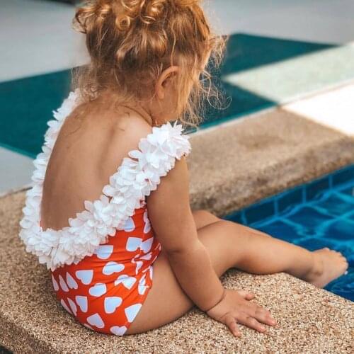 Baby Girl Swimsuit Printed Backless Toddler Swimsuit Girls Love Printed Petal Sleeve Backless Swimsuit Soft One-piece Swimsuit