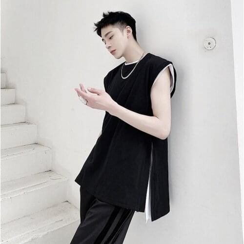 Summer Mens Sleeveless Casual Loose Tank Top Stylish Slit Black White Solid D40