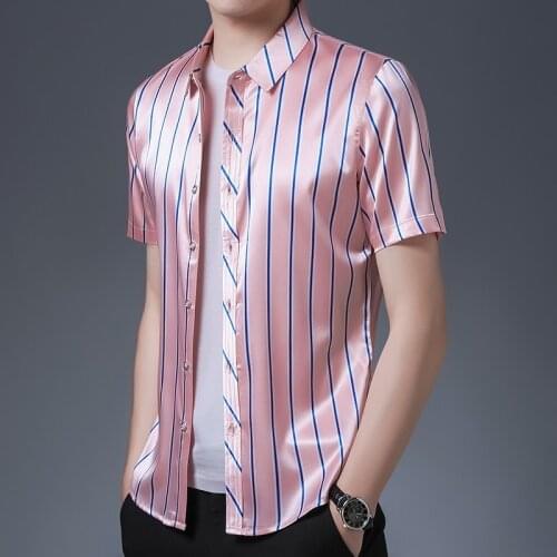 Mens Leisure Silk Shirt Summer Fashion Stripes Smooth Satin Shirt Male Casual Silk Streetwear Short Seeved