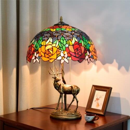 Rustic Desk Table Lamps Luxury For Bedroom Living Room Office Decoration Vintage Stained Glass Deer Flower Bedside Table Lamp