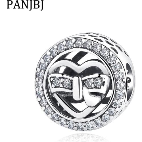 New 100% 925 Sterling Silver Bead Charm Openwork Bowtie On Heart Crystal Charms Fit Bracelet Necklace DIY Women Jewelry