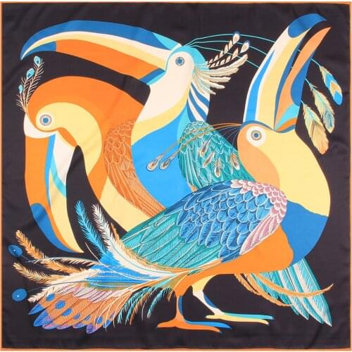New Handmade curled silk feeling scarf womens 90cm twill square scarf cartoon big beaked Bird Print versatile Fashion shawl