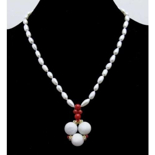 Qingmos 6-7mm Rice Natural Freshwater White Pearl Necklace for Women with 10mm Moonstone Penadant Necklace 17'' Chokers Nec6434
