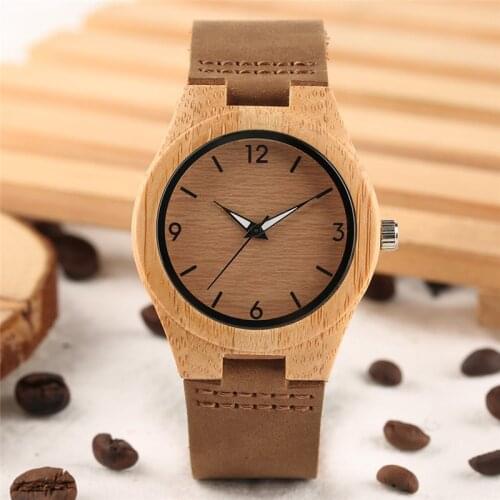 Simple Women Bamboo Watch Genuine Leather Strap Minimalist Vintage Girls Ladies Quartz Wooden Wristwatch Casual Students Clock