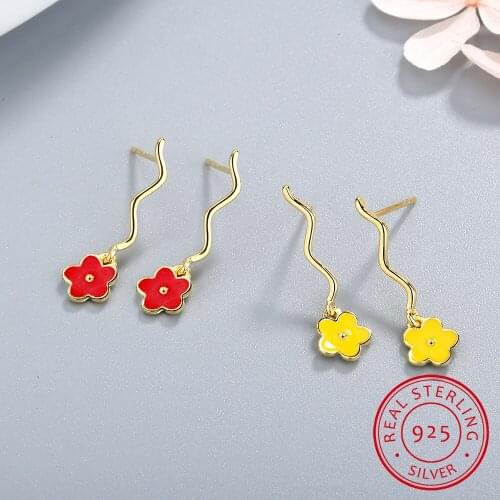 Cute Jewelry Delicate Girl Women Ear Stud Red/Yellow enamel Tiny Flower 925 Sterling Silver wave stud minimalist flower earring