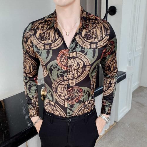 Social Casual Mens Shirts Long Sleeve Plus Size Night Club Party Shirt Men High Quality Men Shirt Korean Slim Fit Digital Print