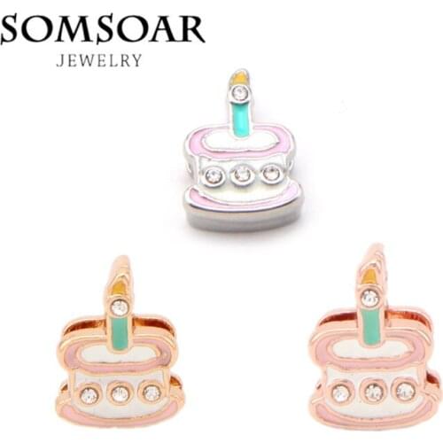 Somsoar Jewelry Birthday Cake oil drip Key charms fit Leather wrappable Mesh Stainless steel Bracelet Bangle 10pcs/lot