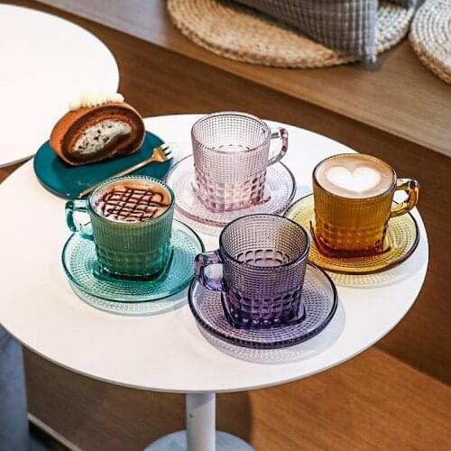 Nordic Glass Coffee Cup and Saucer Set Creative Beautiful Cups and Saucer Set Porcelana Mug Milk Cup for Breakfast Afternoon Tea