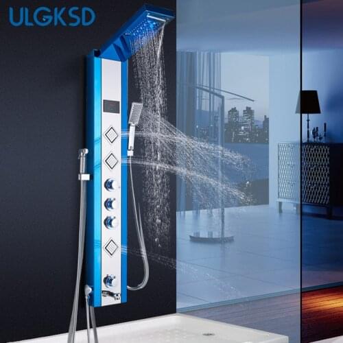 ULGKSD LED Shower Panel Rain Waterfall Shower Temperature Screen Massage SPA W/ Bidet Jet Four Handles Mixer Tap Sink Faucet Set