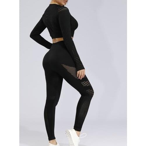 LANTECH 2 Pcs Sports Suits Set Women Yoga Sets Gym Fitness Athletic Pants Sportswear Leggings Shirt Seamless Sports Hollow Out