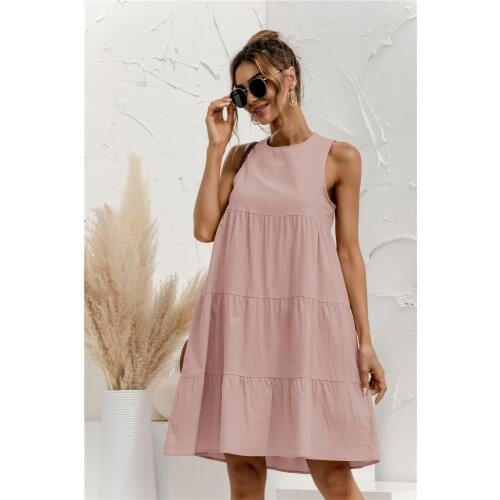 Fashion Women Summer Solid Color A-Line Dress Back Hollow Out Button Decor O-Neck Sleeveless Casual Female Loose Mini Dresses
