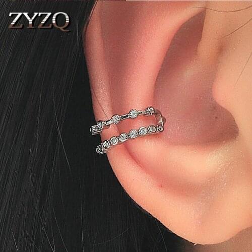 ZYZQ Korean Double U-shaped Cubic Zirconia Earrings For Women Metal Crystal Ear Clip Jewelry Simple Double Line Ear Bone Clip