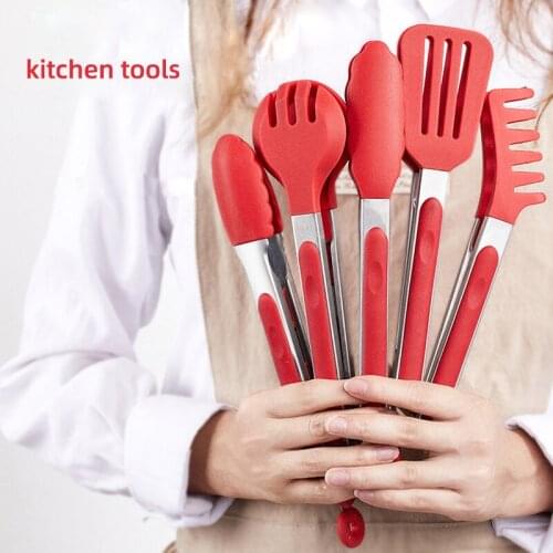 1PCS Red Silicone Cooking Tool Food Tong Non-slip Clip Clamp With Stainless BBQ Salad Tongs Steel Kitchen Tools Accessories