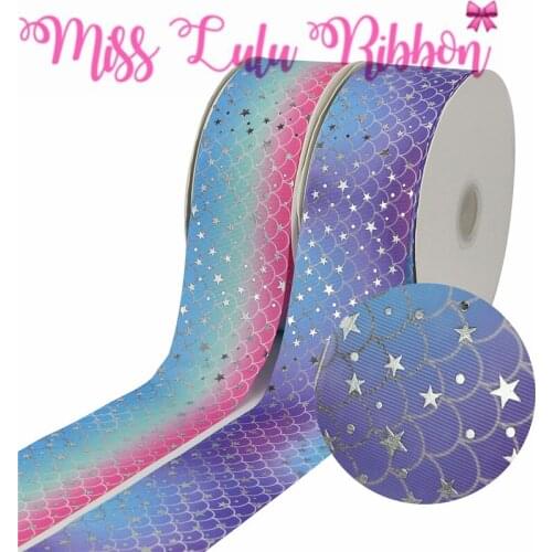 3"75mm Shiny Star Silver Foil Gradient Color Scale Printed Grosgrain Ribbon DIY Birthday Party Decor Hairbow 50yards/roll