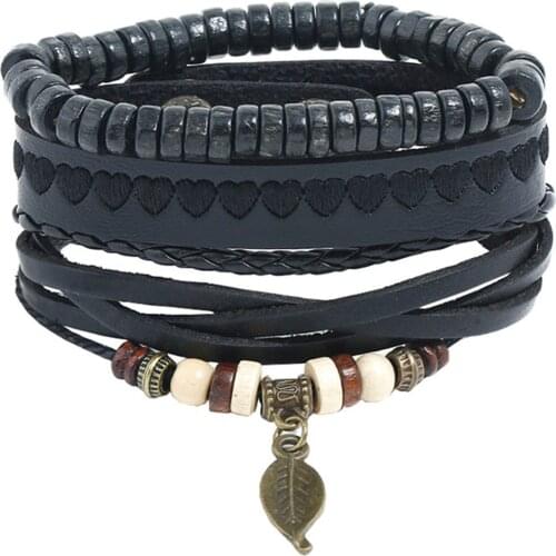 Leaf lack Cross Design Handmade Believe Wood Beads Punk Wrap Woven Leather Men Bracelets Women Fashion Bangle Female Jewelry