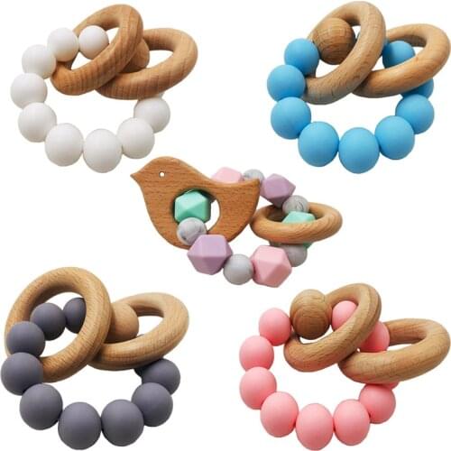 Baby Teether Toys Silicone Wooden Beads Teething Bracelet Beech Wood Crafts Ring Engraved Beads For Baby Chewing Toy