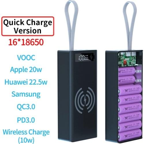 DIY 16*18650 Battery Charger Box Detachable Power Bank Holder Case LCD Display Support Wireless Charger Battery Shell Storage