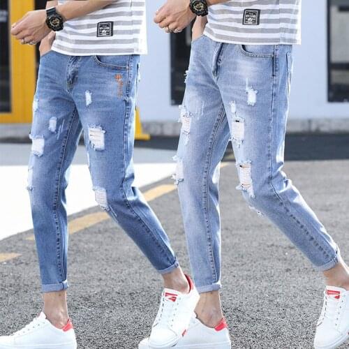Spring And Summer New Fashion Fashion Men Nine Minute Jeans Casual And Comfortable Shopping Holes Men Straight Tube Jeans Pants