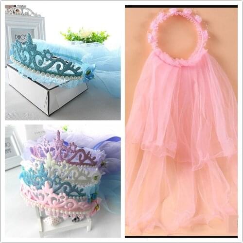 Crown Girls Little Princess Hairband Double Layers Tulle Bridal Veils Garland Ruffles Floral Lace Wedding Party Wreath Headband