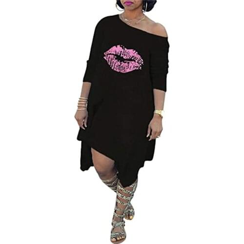 Hot Sale Lips Print Summer Dress Women Fashion Short Sleeve Casual Dress Big Size Loose Mini Sexy Off-shoulder Dresses Vestidos