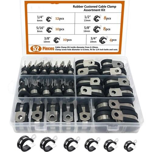 Cable Clamp,52pcs Rubber Cushion Insulated Clamp.Stainless Steel Metal Clamp (Assortment Kit 3)