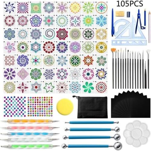 Mandala Tools 105 Pcs, DIY Hollow-out The Mandala of Figure Drawing Template, Dot Dot Brush, Drawing Paper, Craft Clay Tools