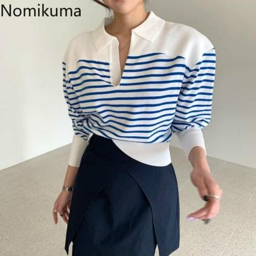 Nomikuma Korean Hit Color Striped Pullover Sweater Puff Long Sleeve Turn-down Collar Knitted Tops Causal Women Knitwear 6C335