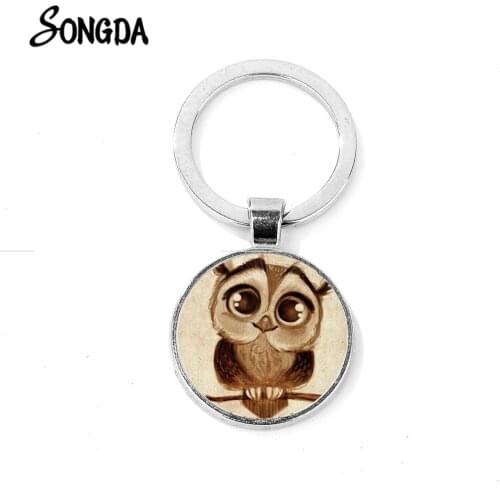 Cute Little Owl Keychain Cartoon Big Eyes Bird Vintage Photo Glass Dome Pendants Handbag Key Chain Holder for Women Kids