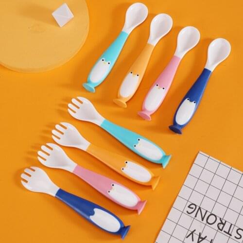 Baby Fork Spoon Set Cartoon Placed Upright Portable Infant Food Supplement Tableware Learning Training Feeding Flexible Sucker
