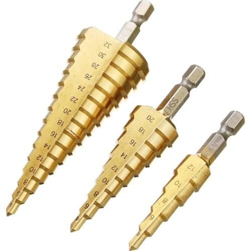 3PCS HSS Straight Groove Step Drill Bit Set Titanium Coated Wood Metal Hole Cutter Core Drills Set size of 3-12mm 4-12mm 4-20mm