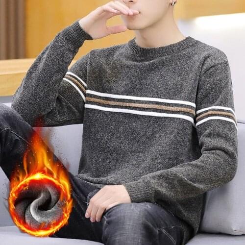 Autumn/winter sweater Korean version of the slimmed bottom round collar striped stitch sweater mens knitwear