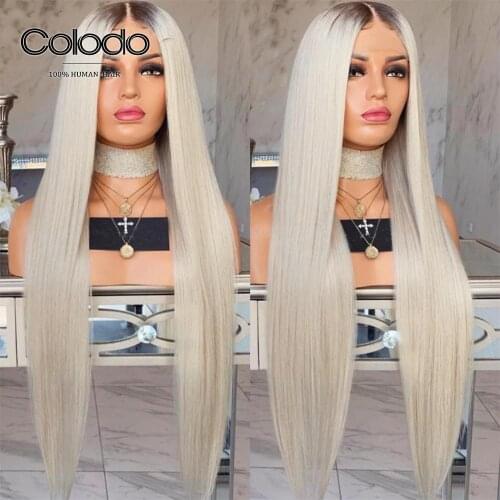 COLODO Platinum Blonde Ombre Human Hair Wig Pre Plucked Green Pink Straight Wigs Remy Glueless Lace Front Human Hair Wigs