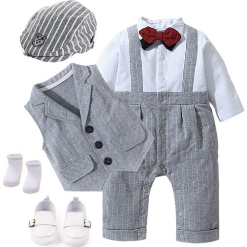 New Born Boys Dress Baby Clothes for Children Cotton Suit Hat + Vest + Patchwork Romper + Shoes + Socks 6 Pieces Outfit
