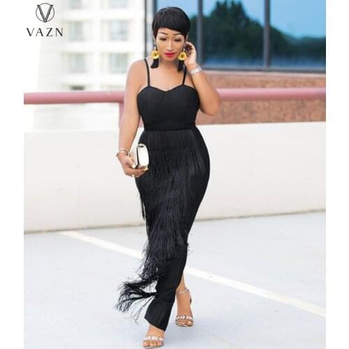 VAZN 2021 ladies New Fashion Women Sexy Street girl Style long Dress sleeveless strapless pure color tassel floor length Dress