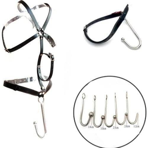 Adjustable PU Leather Handcuffs Chastity Belt With Stainless Steel Anal Hook Fetish BDSM Bondage Restraints Butt Plugs Sex Toys