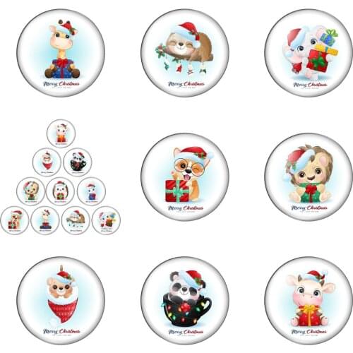 Merry Christmas Cartoon Animal Cow Dog Rabbit Lion 12mm/20mm/25mm/30mm Round Photo Glass Cabochon Demo Flat Back Making Findings