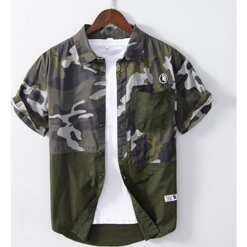 Camouflage Patchwork Shirt for Men Short Sleeve 100%Cotton Tops Male Summer Fashion Casual Streetwear Clothes