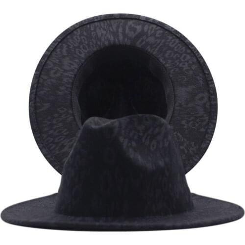 Black Women Men Wool VintageTrilby Felt Fedora Hat with Leopard Church Hats Wide Brim Winter Autumn Jazz Caps